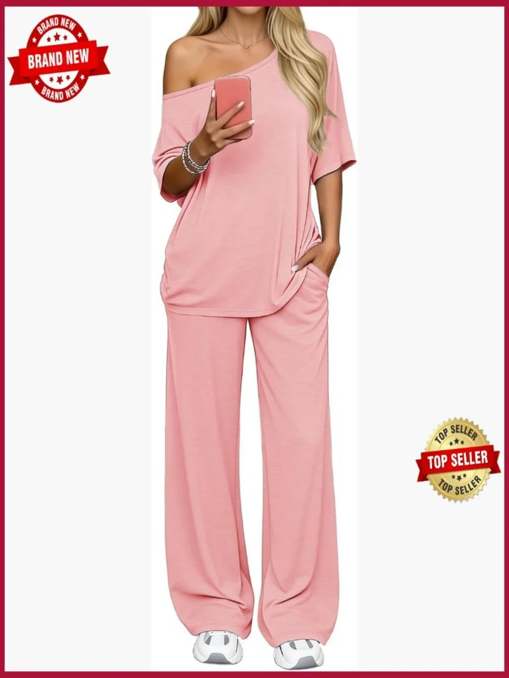 Off Shoulder Lounge Set 2 Piece Oversized Wide Leg Pants Casual Matching Outfit